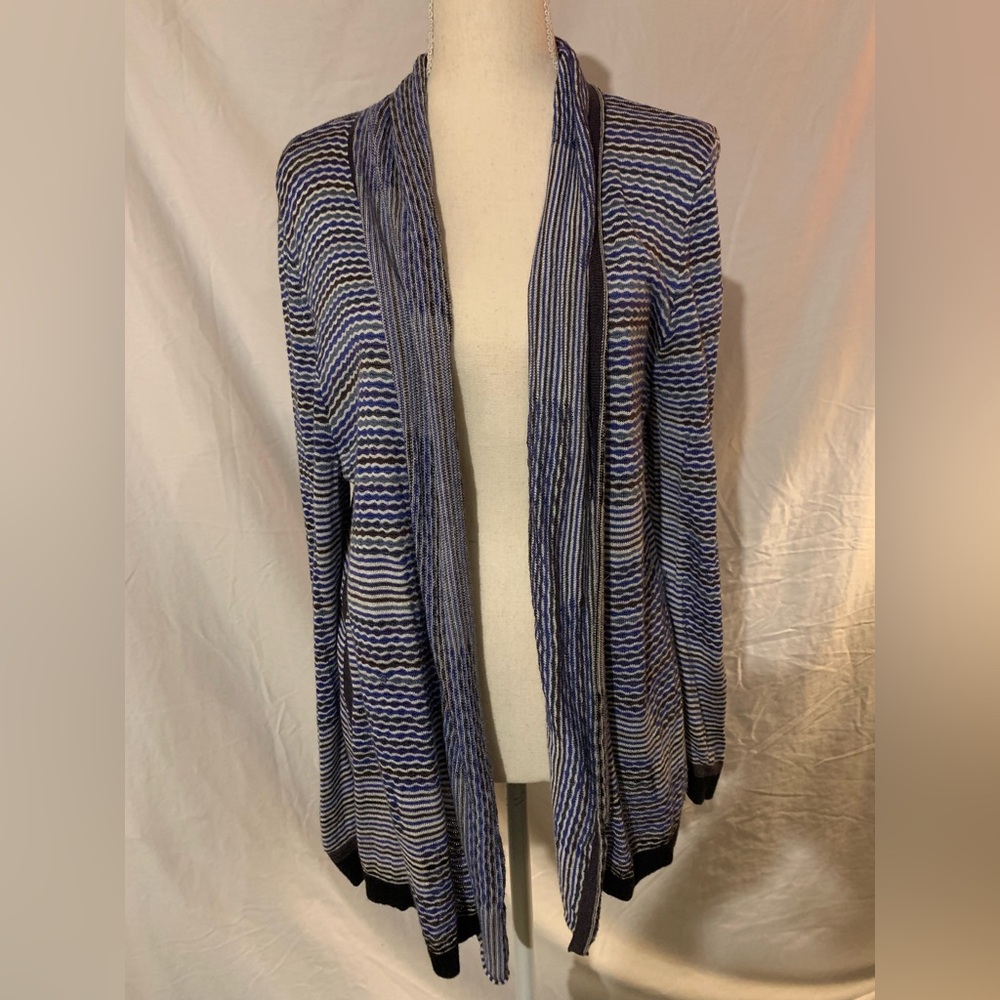 Nic+Zoe Rollover Neck Striped Blue and Black long cardigan